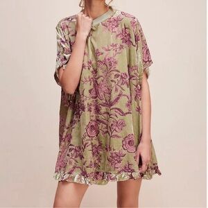 Free People Velvet Floral Print Short Sleeve Dress Green Pink Ruffle Hem